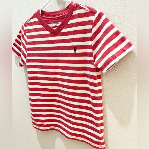 Polo by Ralph Lauren Striped Cotton Jersey V-Neck Tee Boys Red Size 5 120 - Picture 3 of 6